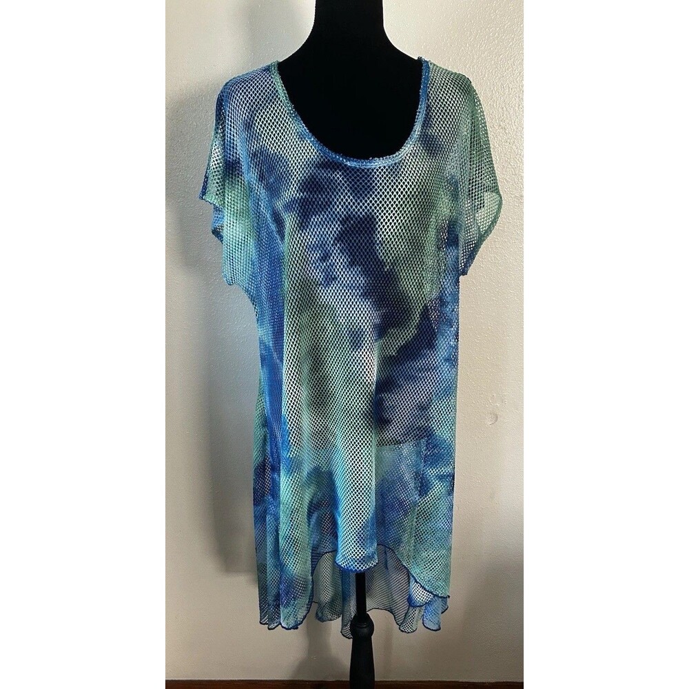 Cha Cha Vente Plus 2X Blue Green Tie Dye Mesh Sheer swim cover dress Cruisewear